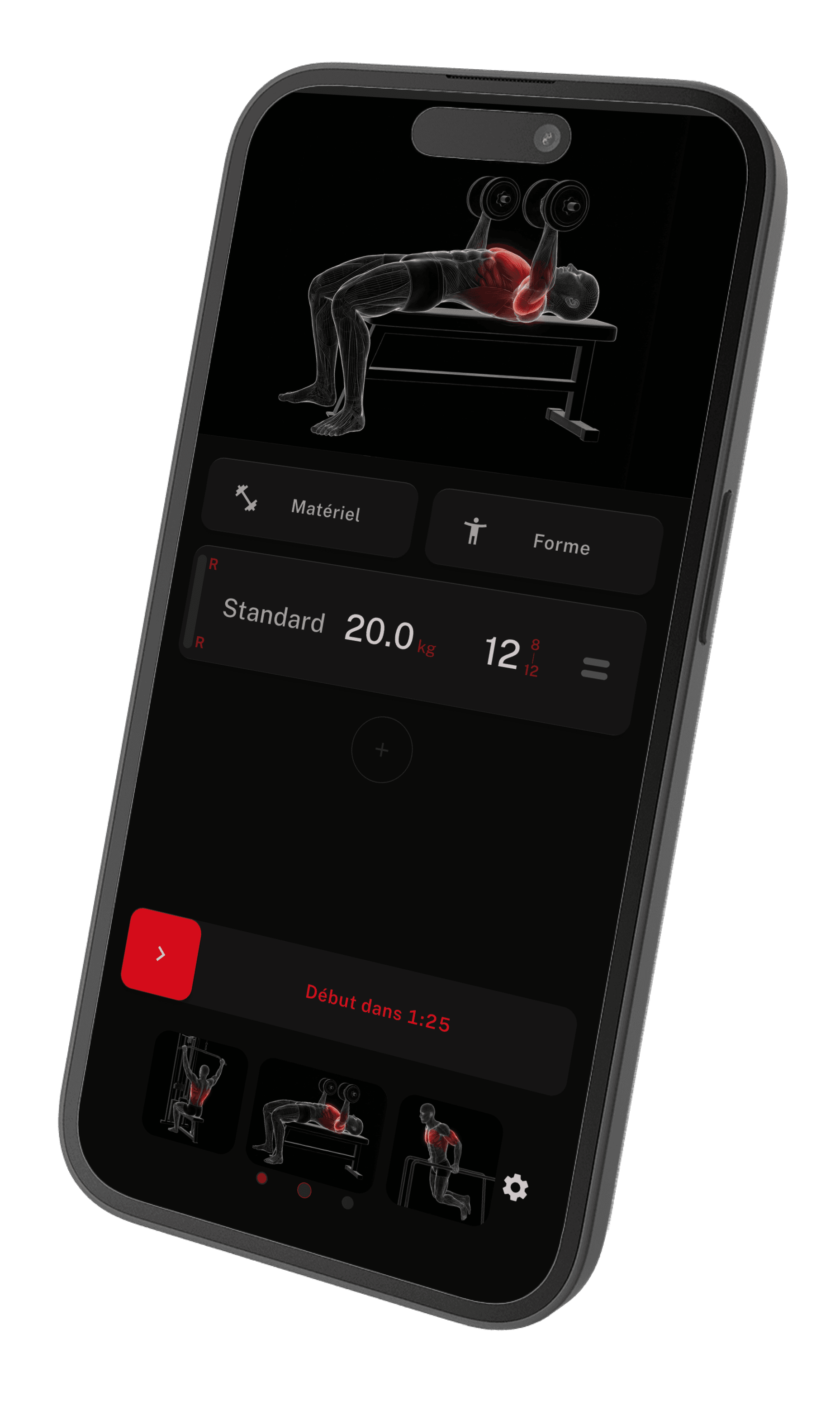 PeakSet app, écran de séance en cours